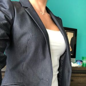 Navy pinstripe blazer w/polka dot lining